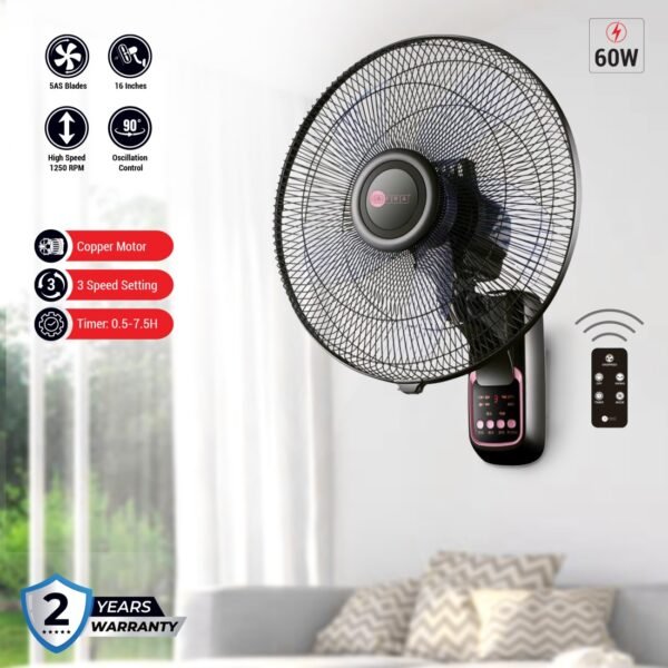 AFRA 16-Inch Wall Mount Fan, 60W, 1250 RPM, 3-Speed Remote, 90° Oscillation – AF-1612WFBG, 2Y Warranty - Image 5