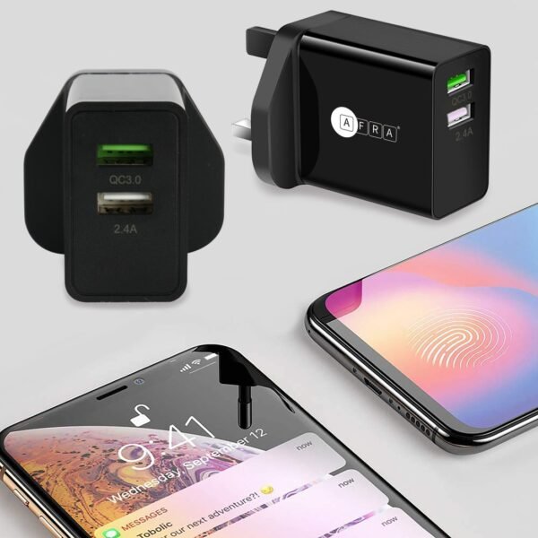 AFRA USB Wall Charger, 18 W, 2.4A Charging Speed, Dual Ports, USB A, Fast Charging, Light, Overheat and Short Circuit Protection, Compact Design - Image 3