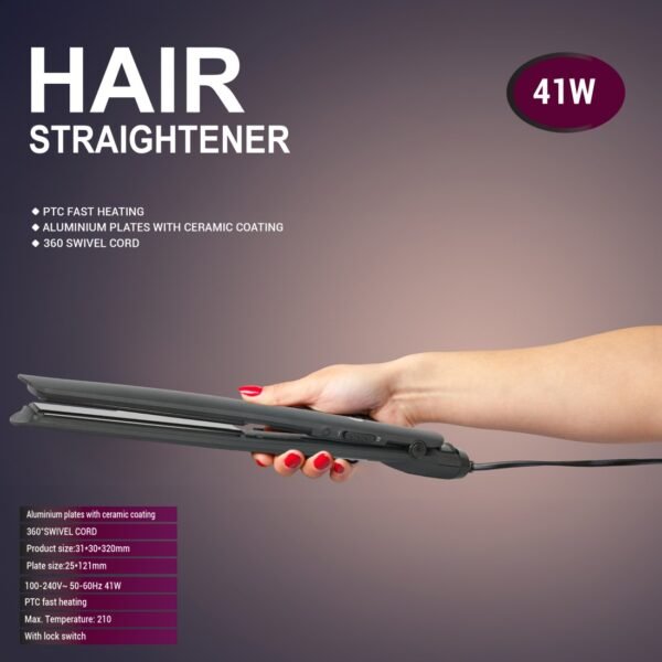 AFRA Hair Straightener, 41w, PTC Fast Heating, Aluminum Plates with Ceramic Coating, Max Temperature: 210C, 25 * 121mm Plate Size, AF-0043HSBK, 1-Year Warranty - Image 3