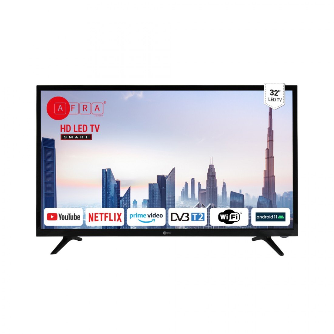 AFRA 32-inch HD Smart TV, LED, Android 11, HDMI, USB, VGA, PC & Game Console Connection, Internet, Streaming, Netflix, Hulu, YouTube, Prime Video, 2 years warranty.