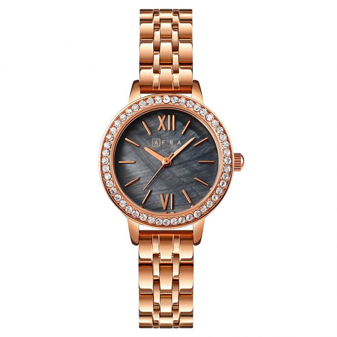 AFRA Ornate Ladies Watch | Rose Gold Case | Black Dial | Rose Gold Bracelet | Elegant Design | AF2130