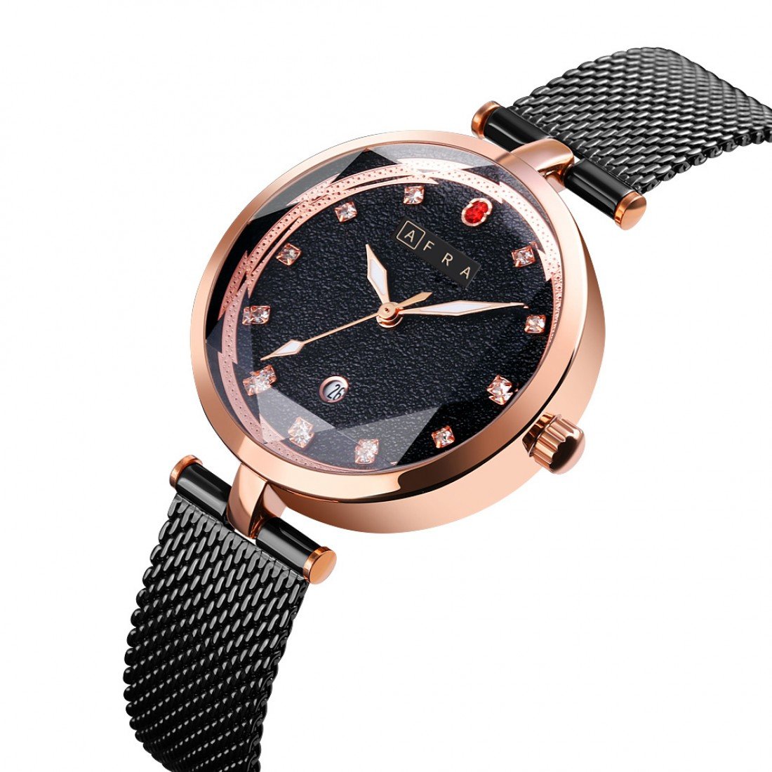 AFRA Regina Ladies Watch | Rose Gold Case | Black Dial | Black Mesh Bracelet | AF21603 - Image 3