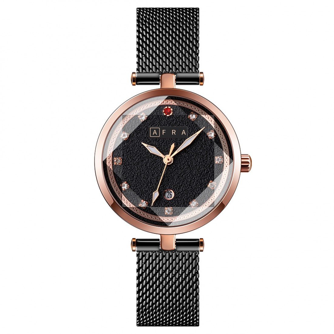 AFRA Regina Ladies Watch | Rose Gold Case | Black Dial | Black Mesh Bracelet | AF21603