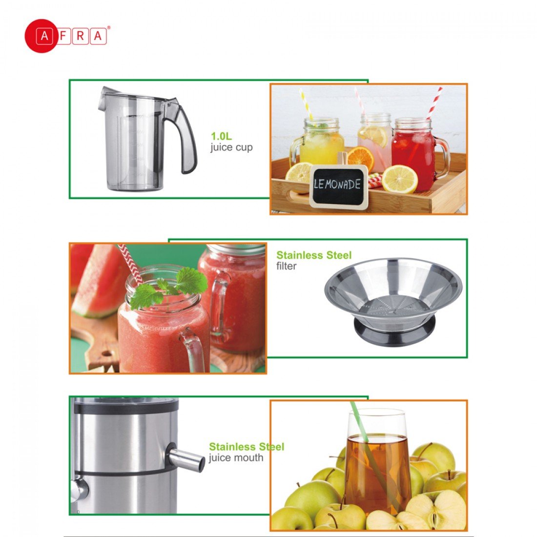 AFRA 4-in-1 Juicer & Blender, 1.5L Glass Jar, Meat Chopper, Grinder, 5 Speeds – AF-800JCBK - Image 9