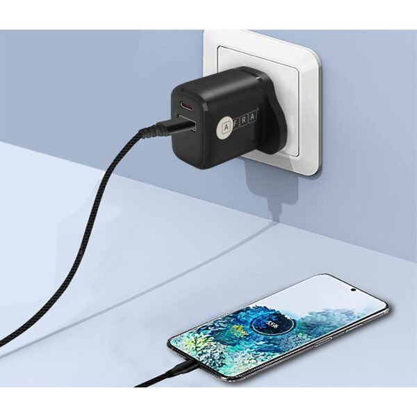 AFRA USB Wall Charger, 20W, 3A Charging Speed, Dual Ports, USB A, USB C, Fast Charging, Light, Overheat and Short Circuit Protection, Compact Design - Image 3